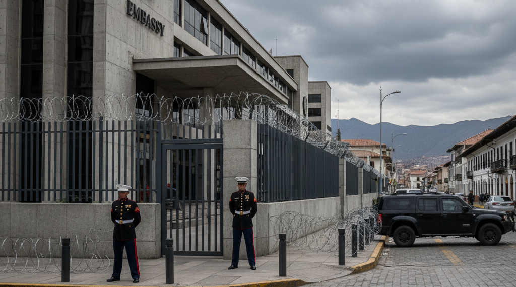 Fachada exterior del edificio de la Embajada de Estados Unidos en la ciudad de La Paz bajo un cielo nublado.