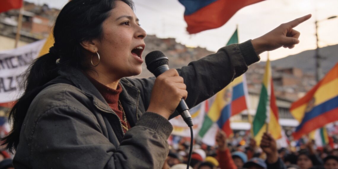 Manifestación popular en una pasarela peatonal de El Alto con banderas bolivianas y personas dando discursos públicos