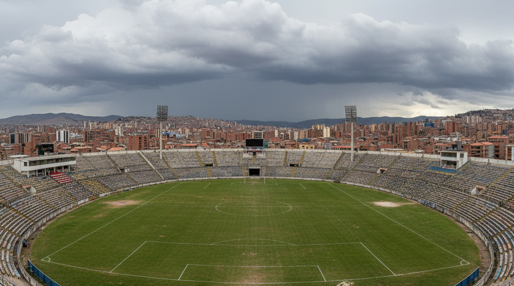 Estadio Hernando Siles de La Paz desierto bajo un cielo tormentoso, con gradas vacías con los colores paceños.