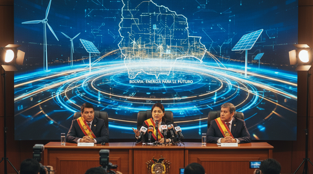 Político expone planes energéticos frente a mapas e indicadores del sector de hidrocarburos de Bolivia.
