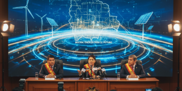 Político expone planes energéticos frente a mapas e indicadores del sector de hidrocarburos de Bolivia.