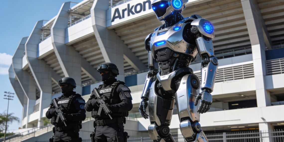Robots de seguridad y patrullas policiales tácticas resguardando las instalaciones exteriores de un gran estadio de fútbol.