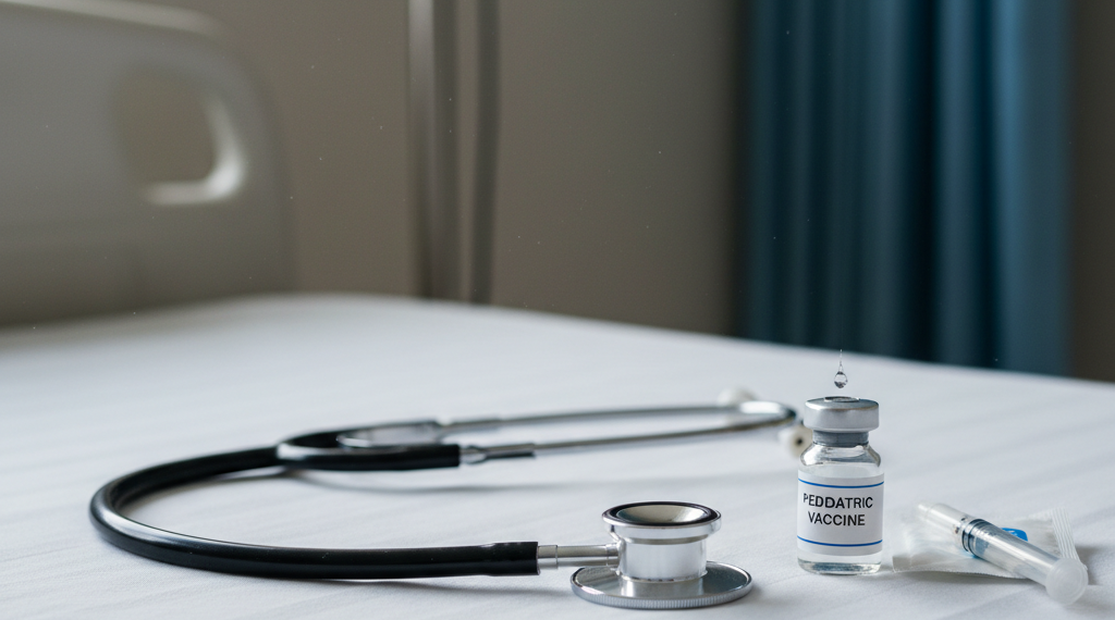 Estetoscopio médico de color negro recostado sobre sábanas de una camilla pediátrica vacía de hospital.
