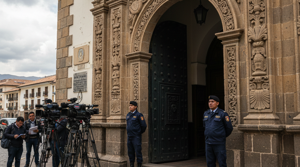 Edificio de piedra tallada de la Vicepresidencia del Estado con guardias de seguridad apostados en la entrada.