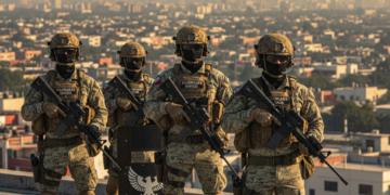 Despliegue de seguridad urbana en Ciudad de México, vehículos oficiales y patrullas con luces azules bajo el sol.
