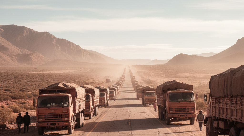 Largas filas de camiones cisterna estacionados al lado de la carretera andina bloqueada bajo el sol.