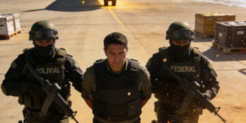 Efectivos de la policía táctica armada custodiando a un detenido esposado en una pista de aterrizaje frente a un avión