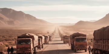 Largas filas de camiones cisterna estacionados al lado de la carretera andina bloqueada bajo el sol.