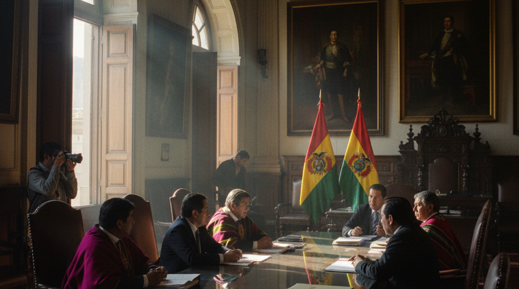 Reunión de alto nivel en la Vicepresidencia de Bolivia, ambiente solemne con banderas nacionales y luz tenue natural.