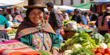 Una comerciante boliviana sonríe amablemente frente a un colorido puesto de verduras frescas en un mercado paceño.