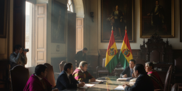 Reunión de alto nivel en la Vicepresidencia de Bolivia, ambiente solemne con banderas nacionales y luz tenue natural.