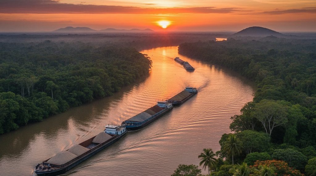 Vista aérea de un convoy de barcazas navegando por un río caudaloso rodeado de selva, luz de atardecer, estilo realista.