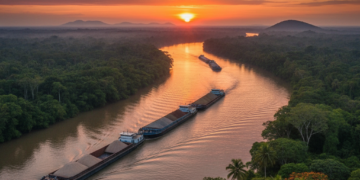 Vista aérea de un convoy de barcazas navegando por un río caudaloso rodeado de selva, luz de atardecer, estilo realista.