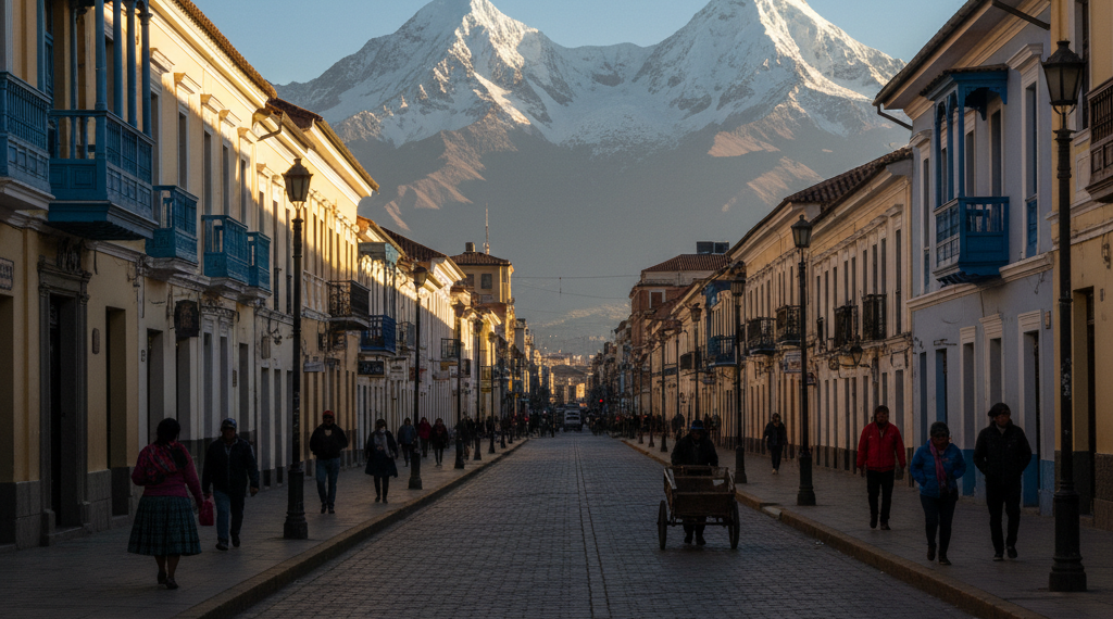 Avenida vacía en el centro urbano de La Paz con transeúntes caminando sobre las aceras debido a la huelga vial.
