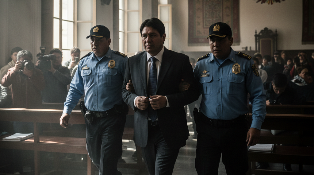 Tribunal paceño donde se observa a un exfuncionario custodiado por oficiales de policía en uniforme verde olivo.