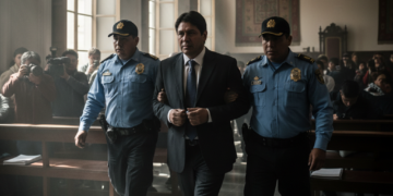Tribunal paceño donde se observa a un exfuncionario custodiado por oficiales de policía en uniforme verde olivo.