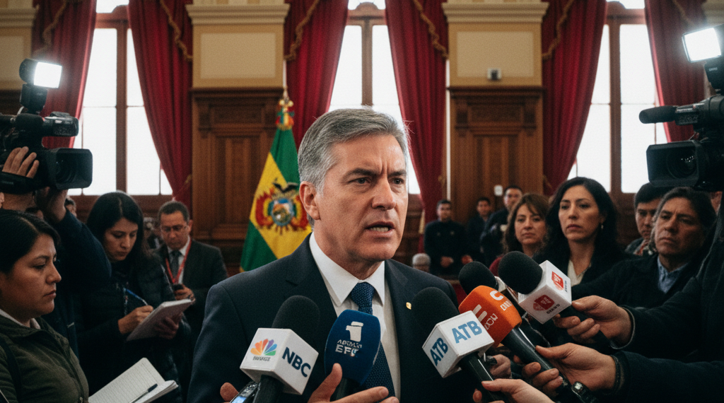 Presidente boliviano Rodrigo Paz hablando firmemente desde un atril oficial con banderas de Bolivia de fondo.