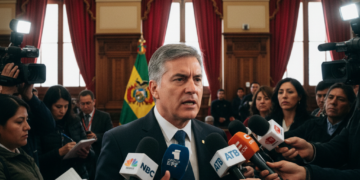 Presidente boliviano Rodrigo Paz hablando firmemente desde un atril oficial con banderas de Bolivia de fondo.