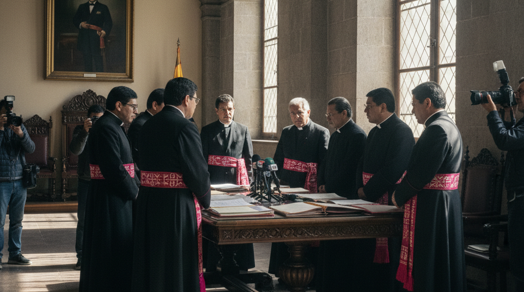 Autoridades gubernamentales eclesiásticas y sindicales bolivianas alineadas en una salda de debates de la Vicepresidencia.