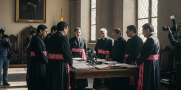 Autoridades gubernamentales eclesiásticas y sindicales bolivianas alineadas en una salda de debates de la Vicepresidencia.
