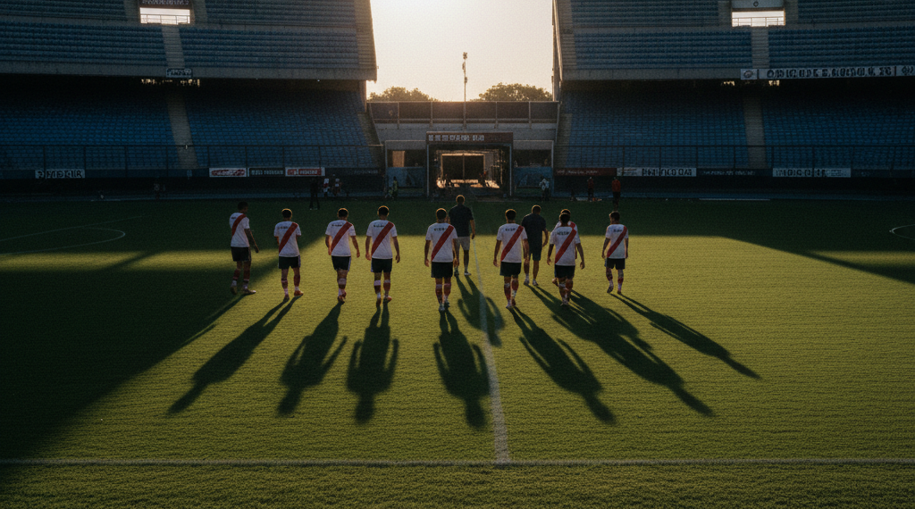 Balón oficial de fútbol flotando junto al arco de una cancha solitaria y vacía en una tarde fresca en Buenos Aires.