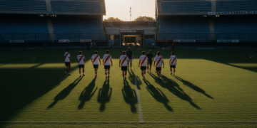 Balón oficial de fútbol flotando junto al arco de una cancha solitaria y vacía en una tarde fresca en Buenos Aires.