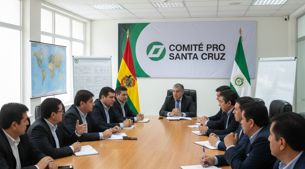 Símbolos cívicos de Santa Cruz y la bandera de Bolivia sobre una mesa de madera de una oficina directorio moderna.