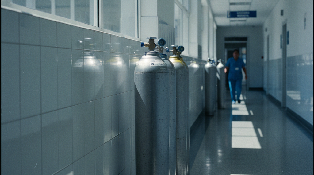 Tanques de oxígeno médico de acero apilados en un corredor hospitalario de luz blanca en La Paz.