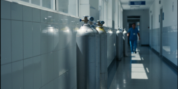 Tanques de oxígeno médico de acero apilados en un corredor hospitalario de luz blanca en La Paz.