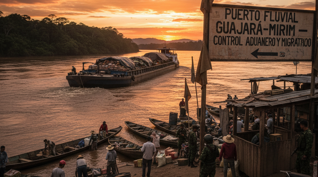 Puerto fluvial de Guayaramerín con de muelle sobre río caudaloso y barcazas de carga en frontera con Brasil.