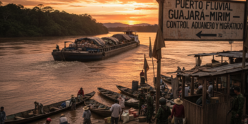 Puerto fluvial de Guayaramerín con de muelle sobre río caudaloso y barcazas de carga en frontera con Brasil.