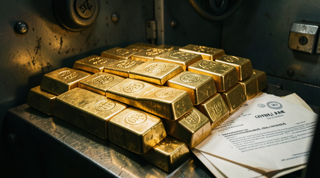 Bóveda del Banco Central de Bolivia con lingotes de oro de alta pureza bajo iluminación dramática.