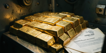 Bóveda del Banco Central de Bolivia con lingotes de oro de alta pureza bajo iluminación dramática.