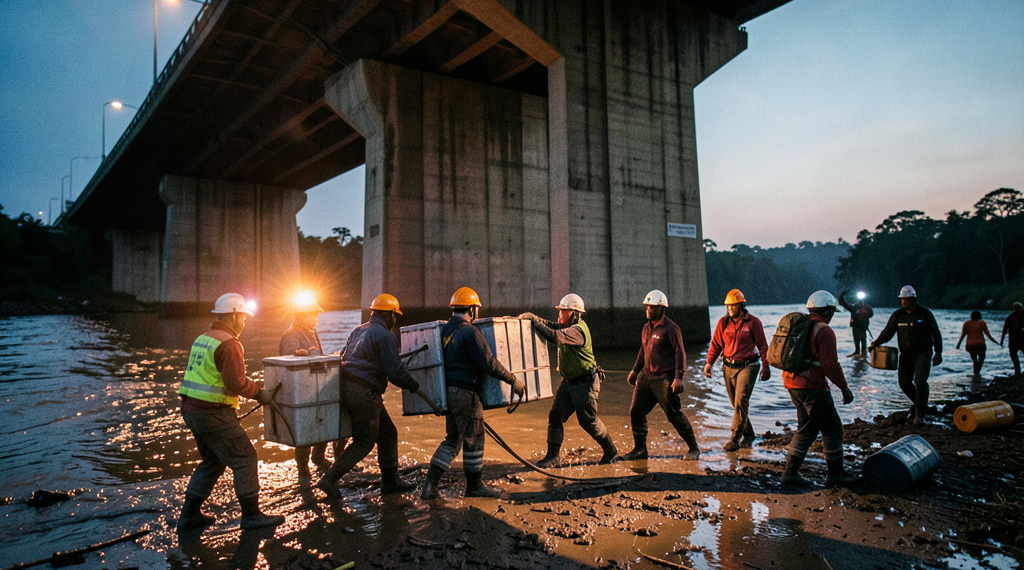 Trabajadores de rescate con linternas recorriendo una zona de escombros de concreto al lado de un río al anochecer.