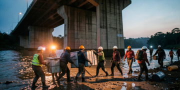 Trabajadores de rescate con linternas recorriendo una zona de escombros de concreto al lado de un río al anochecer.