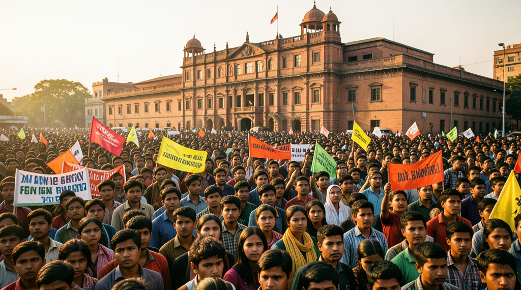 Estudiantes indios protestando frente a una sede gubernamental en Nueva Delhi.