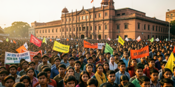 Estudiantes indios protestando frente a una sede gubernamental en Nueva Delhi.