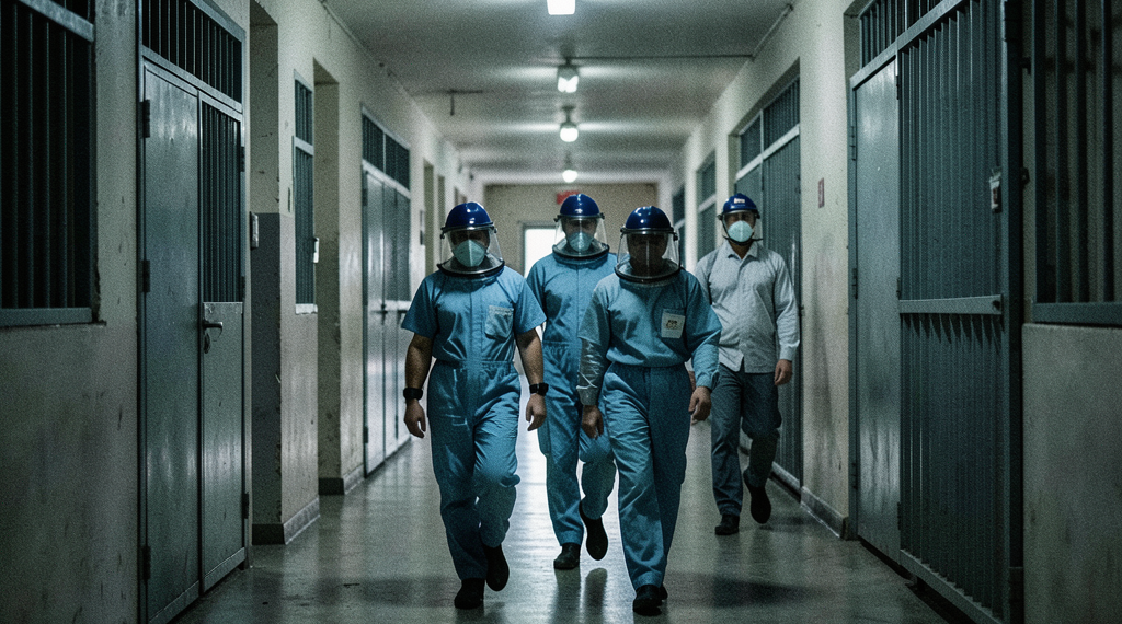 Personal médico y de seguridad ingresando al penal de Palmasola para labores de control sanitario.