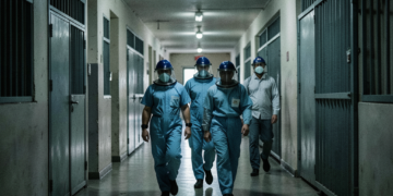 Personal médico y de seguridad ingresando al penal de Palmasola para labores de control sanitario.