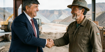Trabajadores mineros y autoridades bolivianas estrechan manos tras firmar acuerdo de fortalecimiento estatal.