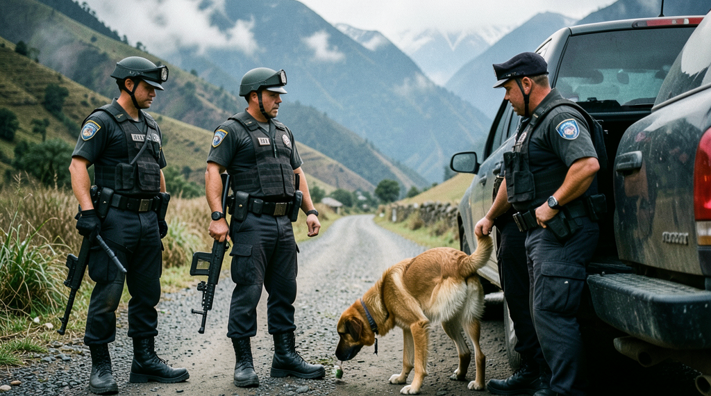 Agentes antinarcóticos inspeccionando un vehículo en una zona rural de Bolivia.