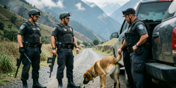 Agentes antinarcóticos inspeccionando un vehículo en una zona rural de Bolivia.