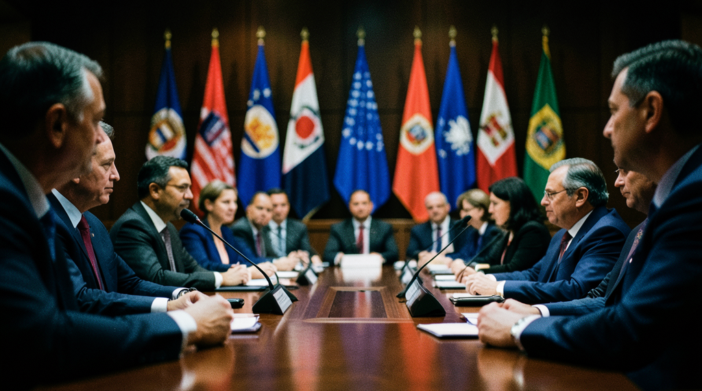 Líderes mundiales en cumbre internacional con un mapa del mundo y símbolos de tensión geopolítica.