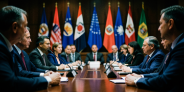 Líderes mundiales en cumbre internacional con un mapa del mundo y símbolos de tensión geopolítica.