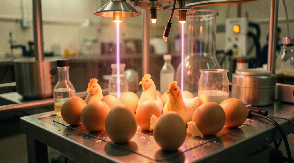 Huevos de gallina bajo una luz tenue en laboratorio avícola, primer plano tecnológico.