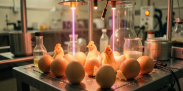 Huevos de gallina bajo una luz tenue en laboratorio avícola, primer plano tecnológico.