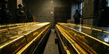 Lingotes de oro apilados en las bóvedas del Banco Central de Bolivia durante el inventario de las reservas de metal.