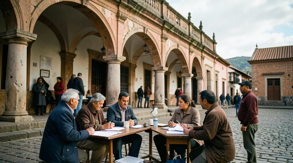 Fachada histórica del tribunal superior de justicia bajo arcos coloniales en Sucre, Bolivia