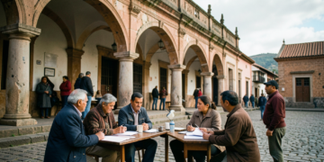 Fachada histórica del tribunal superior de justicia bajo arcos coloniales en Sucre, Bolivia