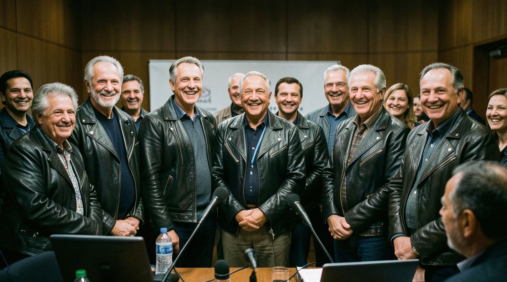 Siete siluetas de cantantes con chaquetas de cuero posando ante un ciclorama de concierto con luces turquesas de fondo.